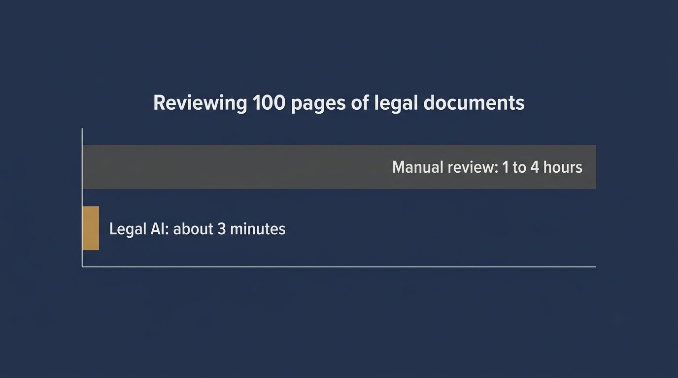 Bar chart comparing legal document review time: manual review takes 1 to 4 hours versus about 3 minutes with legal AI