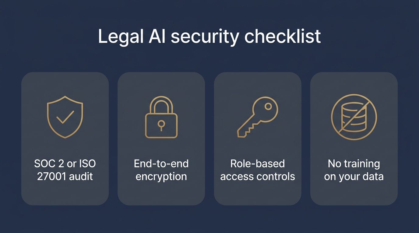 Legal AI security checklist: SOC 2 or ISO 27001 audit, end-to-end encryption, role-based access controls, no training on your data