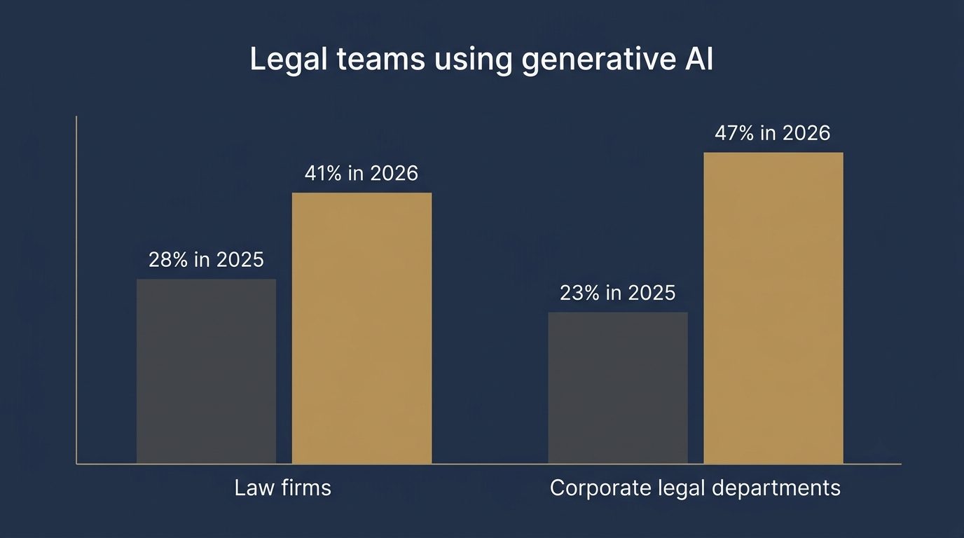 Bar chart of generative AI adoption by legal teams: law firms grew from 28% to 41% and corporate legal departments from 23% to 47% between 2025 and 2026