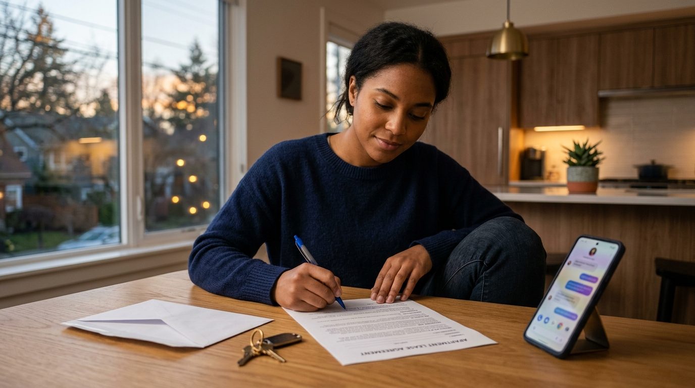 A renter studies an apartment lease at her kitchen table with an AI legal assistant chat open on her phone
